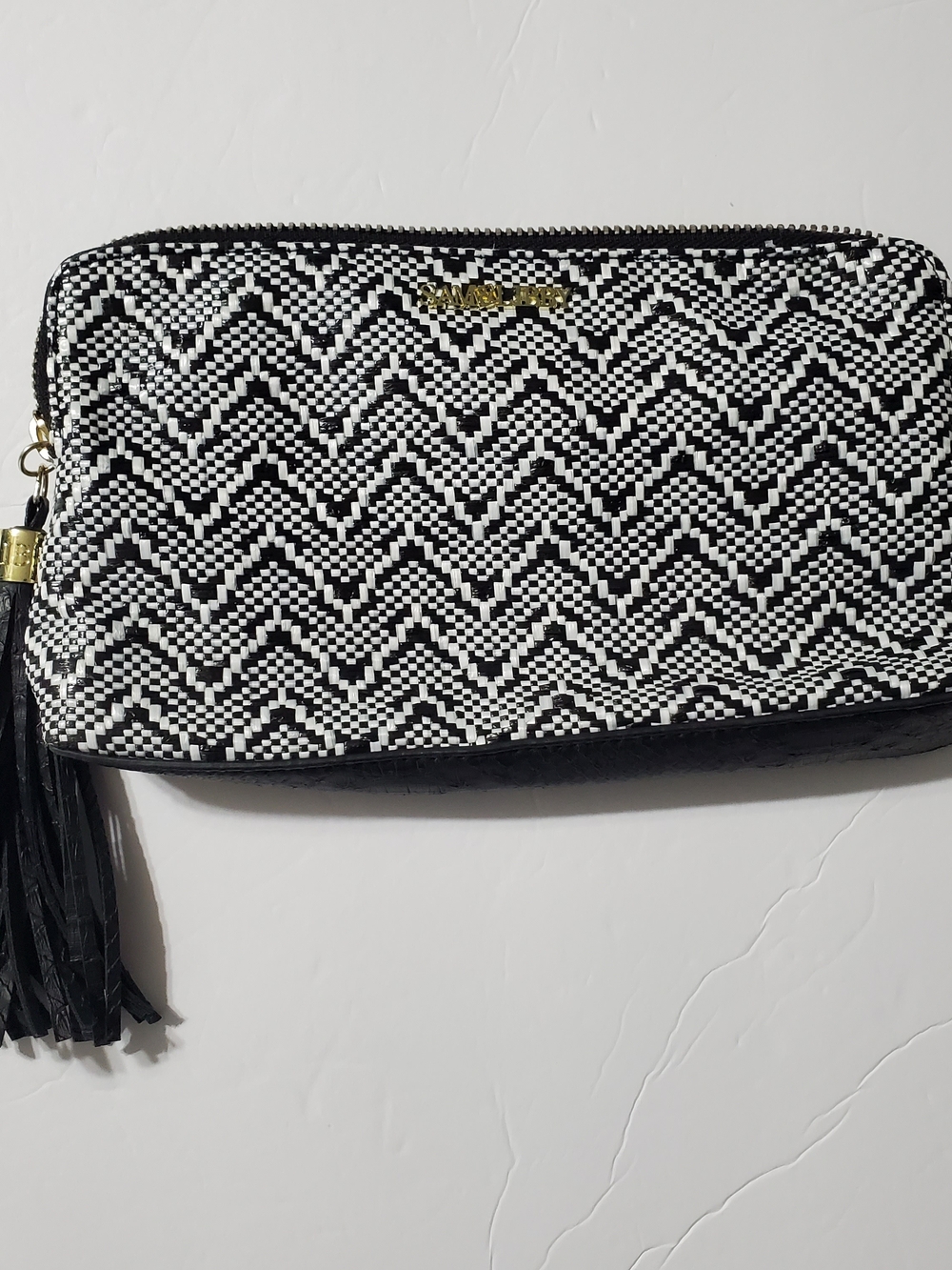 Stylish Black & White Woven Wallet with Tassel